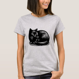 Black Cat Woodcut Style T-Shirt