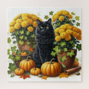 Black Cat Yellow Chrysanthemums Fall Season Puzzle