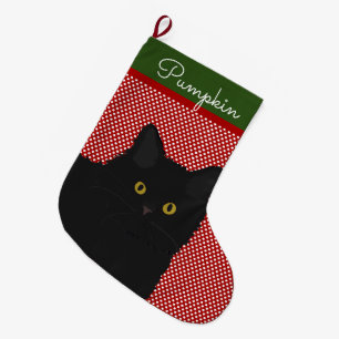 Black Cat Yellow Eyes Personalized Large Christmas Stocking