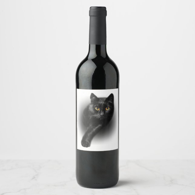 Black Cat Yellow Eyes T-Shirt Cats Tee Wine Label (Front)