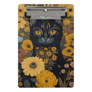 Black Cat Yellow Eyes Vintage Flowers #2 Mini Clipboard
