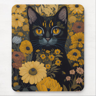 Black Cat Yellow Eyes Vintage Flowers #2 Mouse Pad