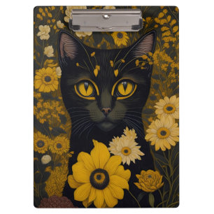 Black Cat Yellow Eyes Vintage Flowers Clipboard