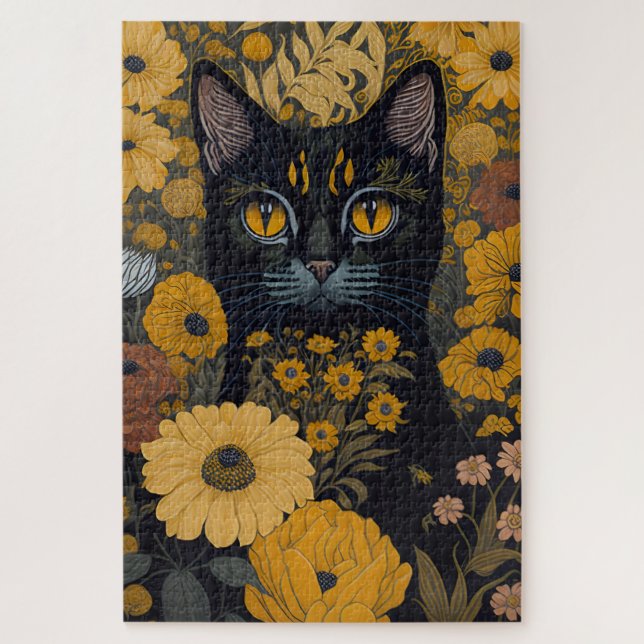 Black Cat Yellow Eyes Vintage Flowers Jigsaw Puzzle (Vertical)