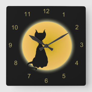 Black Cat & Yellow Moon Halloween Art Square Wall Clock