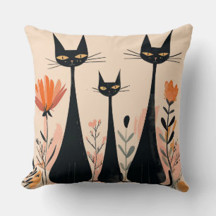 Black Cats Amid Vibrant Flowers and Foliage Throw Pillow