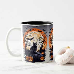 Black Cats and a Nocturnal Moon Mystical Halloween Two-Tone Coffee Mug