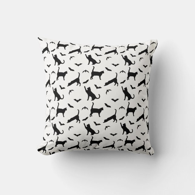 Black Cats And Bats Minimal Pattern Halloween Throw Pillow (Front)