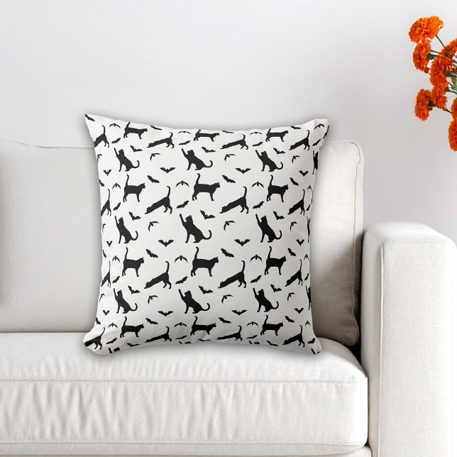 Black Cats And Bats Minimal Pattern Halloween Throw Pillow (Creator Uploaded)