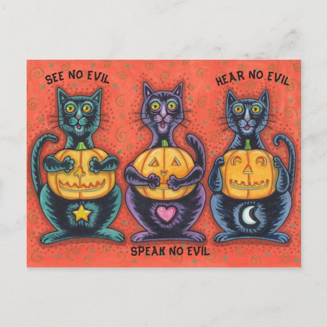BLACK CATS AND JACKS SEE NO EVIL, FUNNY FELINES POSTCARD (Front)