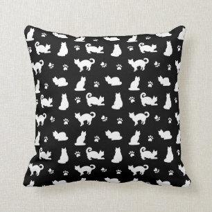Black Cats and Paw Prints White Throw Pillow