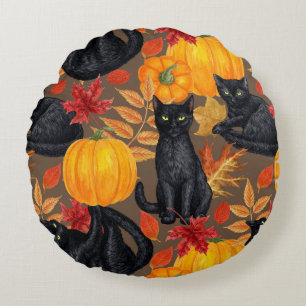 Black cats and pumpkins 2 round pillow