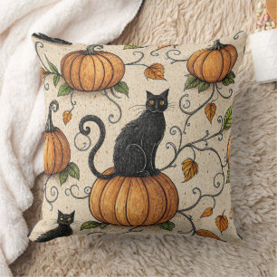 Black Cats and Pumpkins Halloween Pattern Throw Pillow