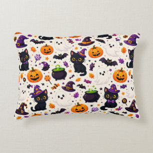 Black Cats And Pumpkins Halloween Pattern Uses 🎃 Accent Pillow