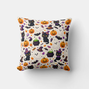 Black Cats And Pumpkins Halloween Pattern Uses 🎃 Throw Pillow