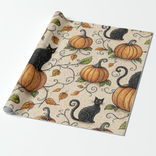 Black Cats and Pumpkins Halloween Pattern Wrapping Paper