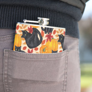Black cats and pumpkins  hip flask