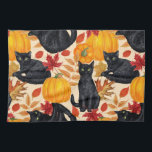 Black cats and pumpkins  kitchen towel<br><div class="desc">Hand-painted pattern with black cats , pumpkins and autumn leaves. Mix-media- digital and watercolor painting.</div>