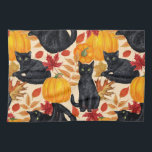 Black cats and pumpkins  kitchen towel<br><div class="desc">Hand-painted pattern with black cats , pumpkins and autumn leaves. Mix-media- digital and watercolor painting.</div>