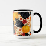 Black cats and pumpkins  mug<br><div class="desc">Hand-painted pattern with black cats , pumpkins and autumn leaves. Mix-media- digital and watercolor painting.</div>