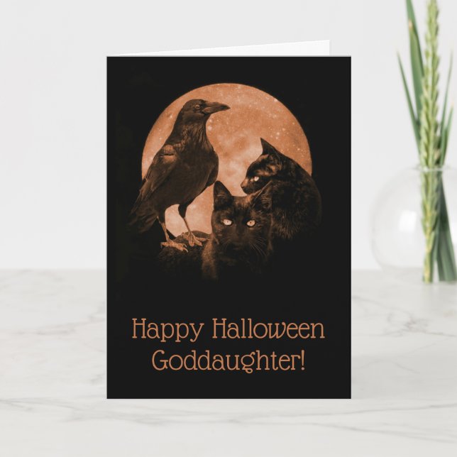 Black Cats and Raven Goddaughter Halloween Card (Front)
