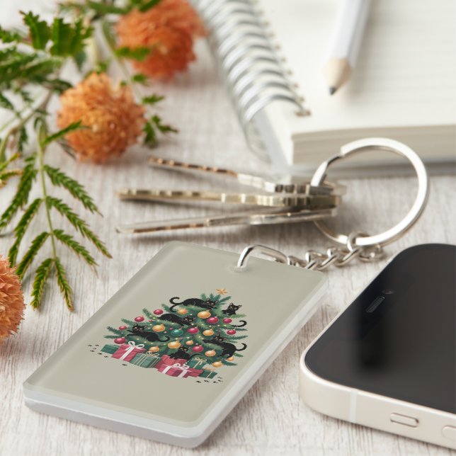 Black Cats Christmas Tree Cat Lover Xmas Lights Keychain (Front Right)