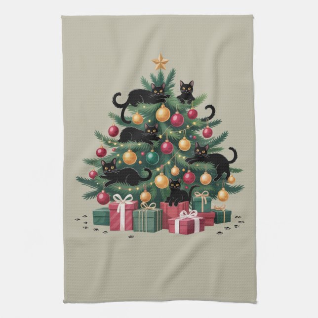 Black Cats Christmas Tree Cat Lover Xmas Lights Kitchen Towel (Vertical)