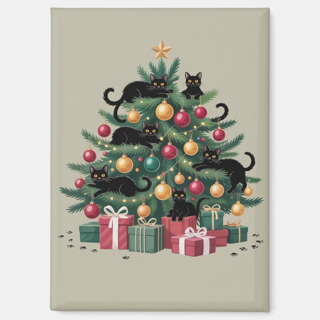 Black Cats Christmas Tree Cat Lover Xmas Lights Magnet (Front)