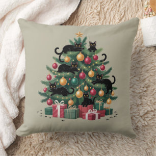 Black Cats Christmas Tree Cat Lover Xmas Lights Throw Pillow