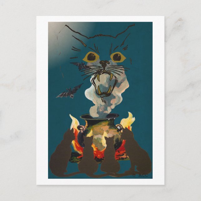Black Cats Conjuring Spirits on Halloween Postcard (Front)