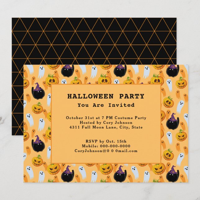 Black Cats Ghost Jack o' Lanterns Halloween Party Invitation (Front/Back)