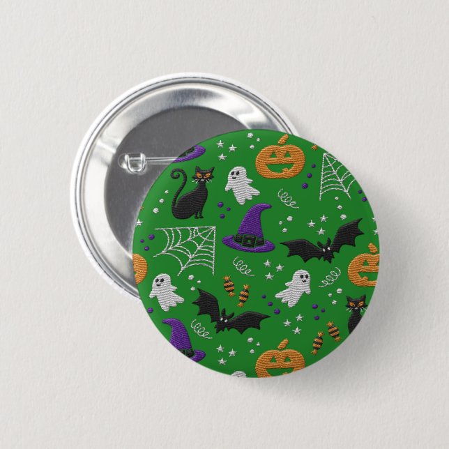Black Cats Ghosts Bats Green Pattern Halloween 2 Inch Round Button (Front & Back)