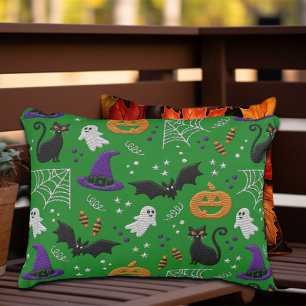 Black Cats Ghosts Bats Green Pattern Halloween Accent Pillow