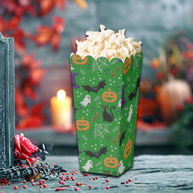 Black Cats Ghosts Bats Green Pattern Halloween Favor Box (Creator Uploaded)