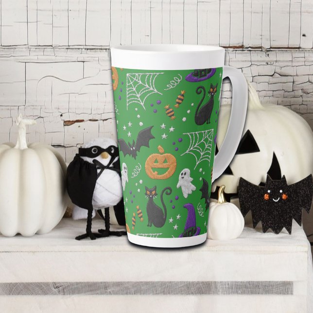 Black Cats Ghosts Bats Green Pattern Halloween Latte Mug (Creator Uploaded)
