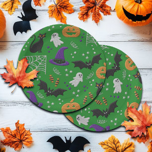 Black Cats Ghosts Bats Green Pattern Halloween Paper Plate
