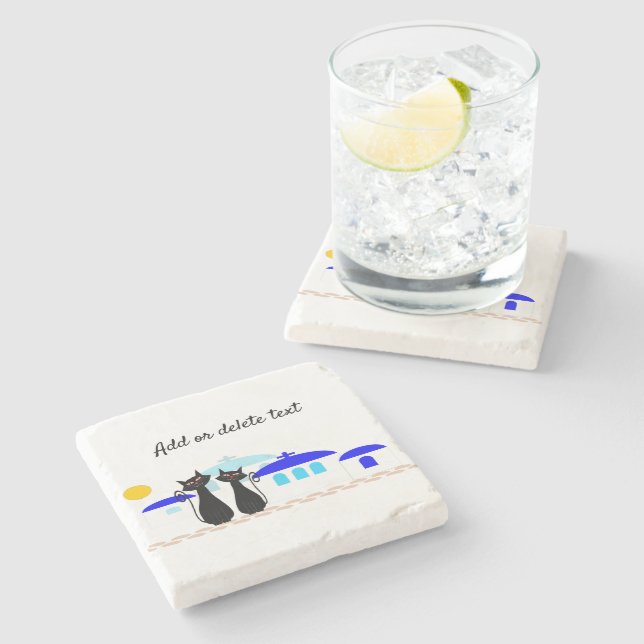 Black Cats Greek Scene Personalised Stone Coaster (Side)