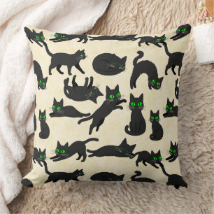 Black Cats Green Eyes Cute Kittens Warm Cream Throw Pillow