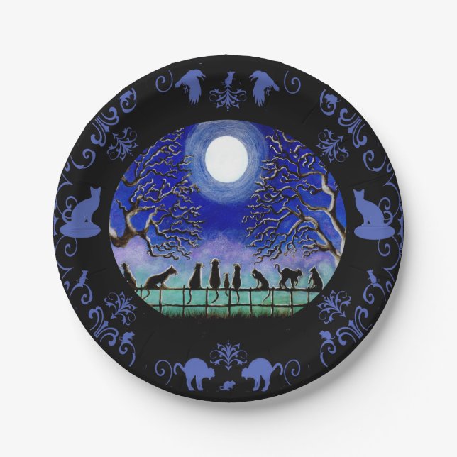 Black cats Halloween paper plates (Front)