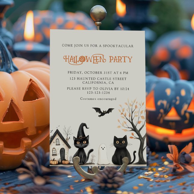 Black Cats Halloween Party Invitation (Black Cats Halloween Party Invitation surrounded with black and orange Jack O Lanterns.)