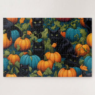 Black cats in a pumpkin patch - Halloween Jigsaw Puzzle