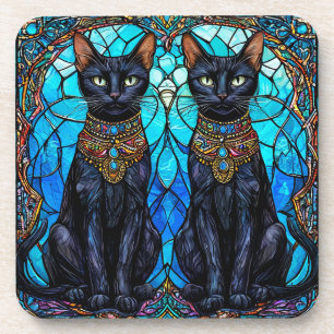 Black Cats in Artistic Stained Glass Design Coaster