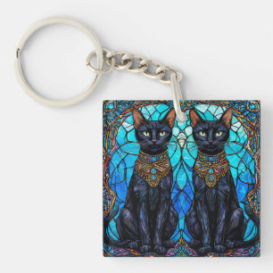 Black Cats in Artistic Stained Glass Design Keychain