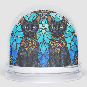 Black Cats in Artistic Stained Glass Design Snowglobe