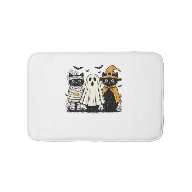 Black Cats in Halloween Costumes – Ghost, Witch, a Bath Mat (Front)