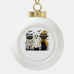 Black Cats in Halloween Costumes – Ghost, Witch, a Ceramic Ball Christmas Ornament