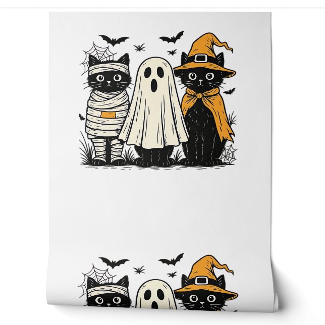 Black Cats in Halloween Costumes – Ghost, Witch, a Wallpaper (Unrolling)