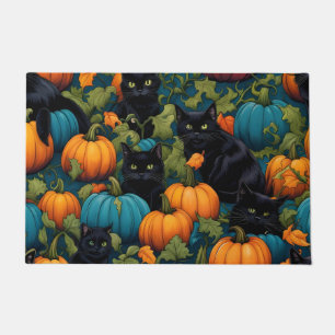 Black cats in pumpkin patch, Halloween  Doormat
