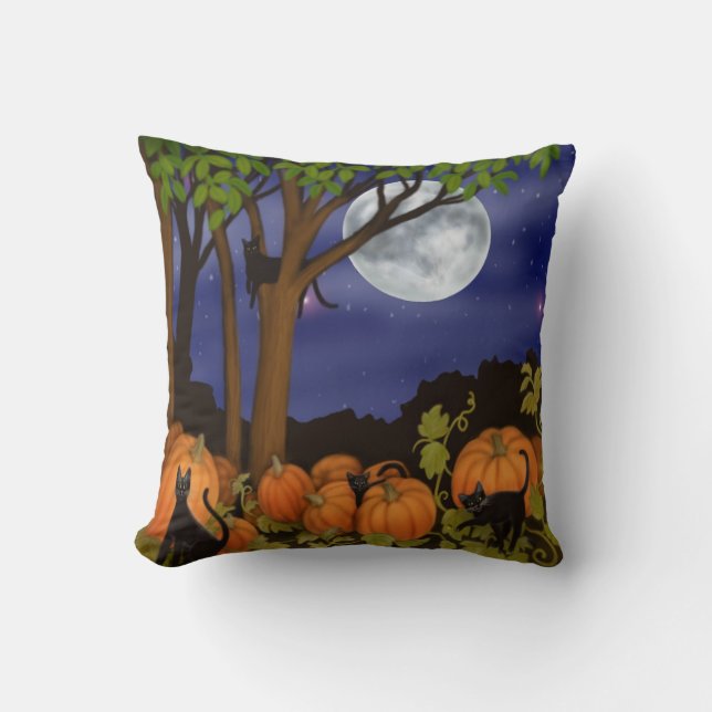 Black Cats in Pumpkin Patch Pillow (Front)