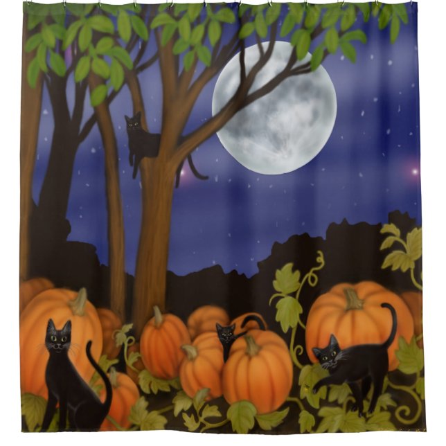 Black Cats in Pumpkin Patch Shower Curtain (Front)